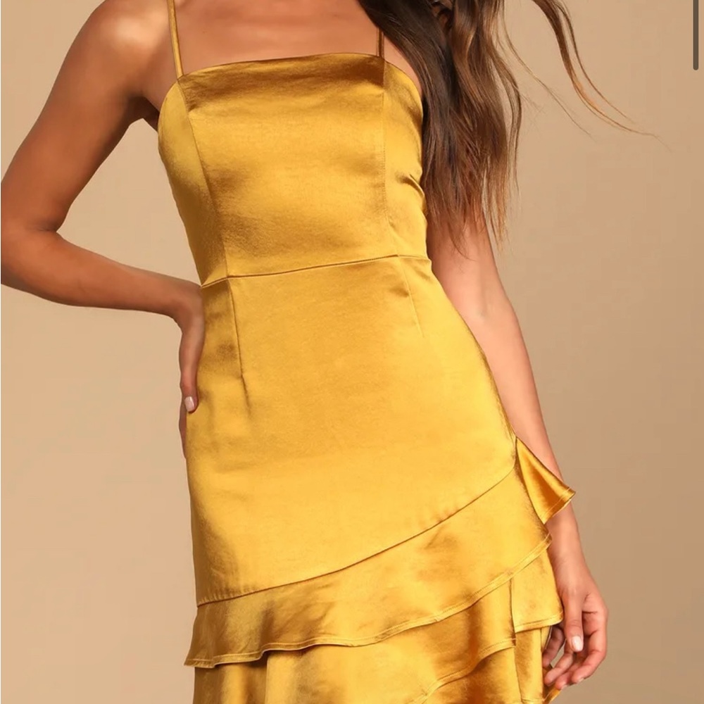 Brand new mustard yellow satin ruffles dress